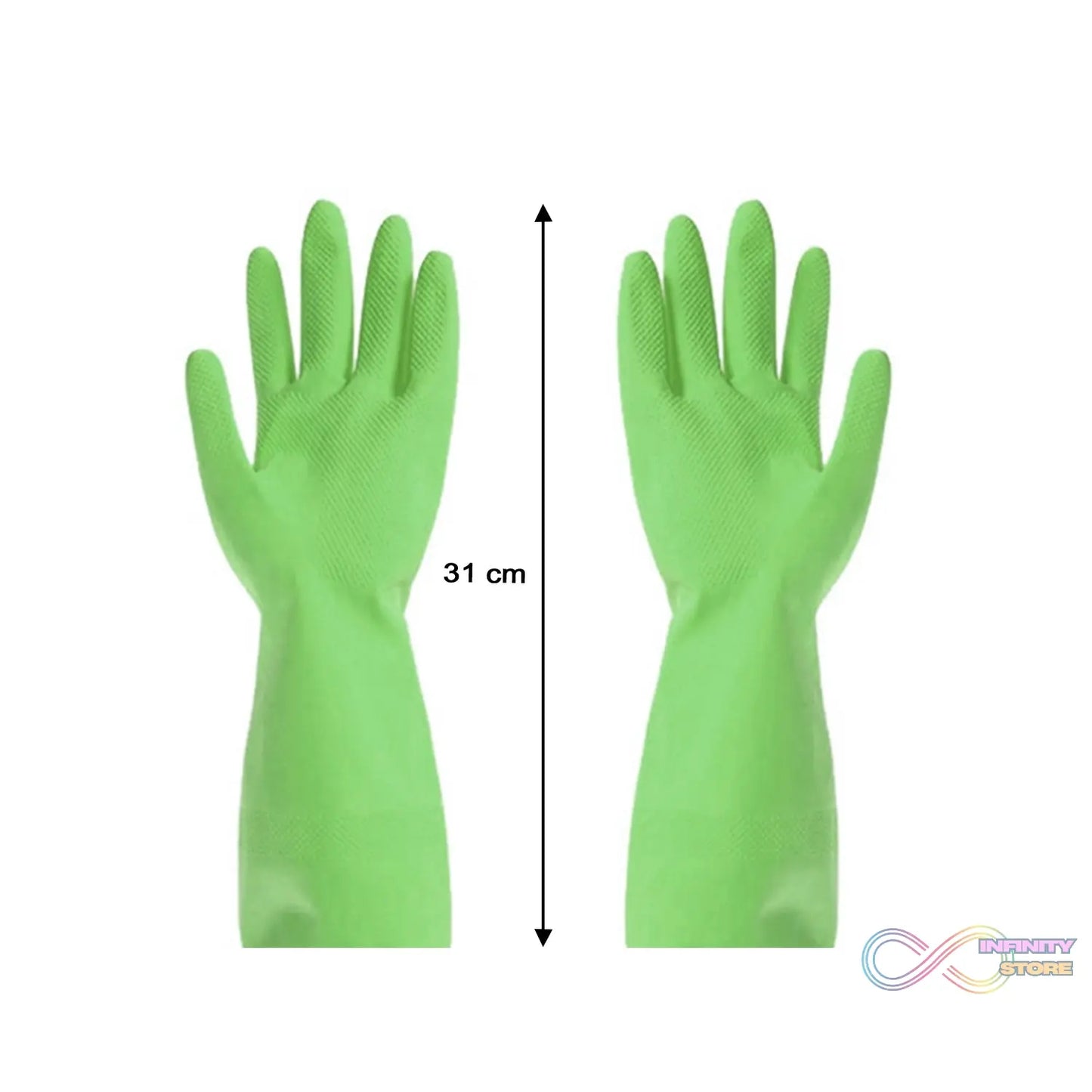 Multipurpose green cleaning gloves for kitchen use.