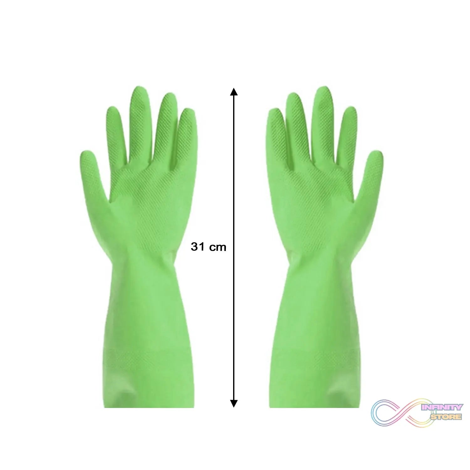 Multipurpose green cleaning gloves for kitchen use.