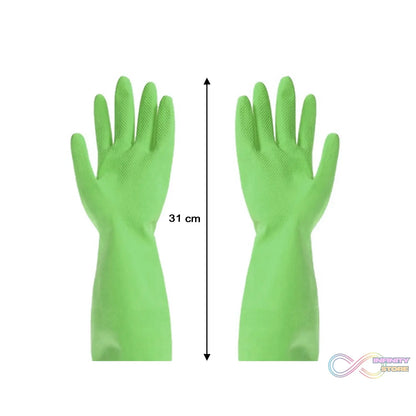 Multipurpose green cleaning gloves for kitchen use.