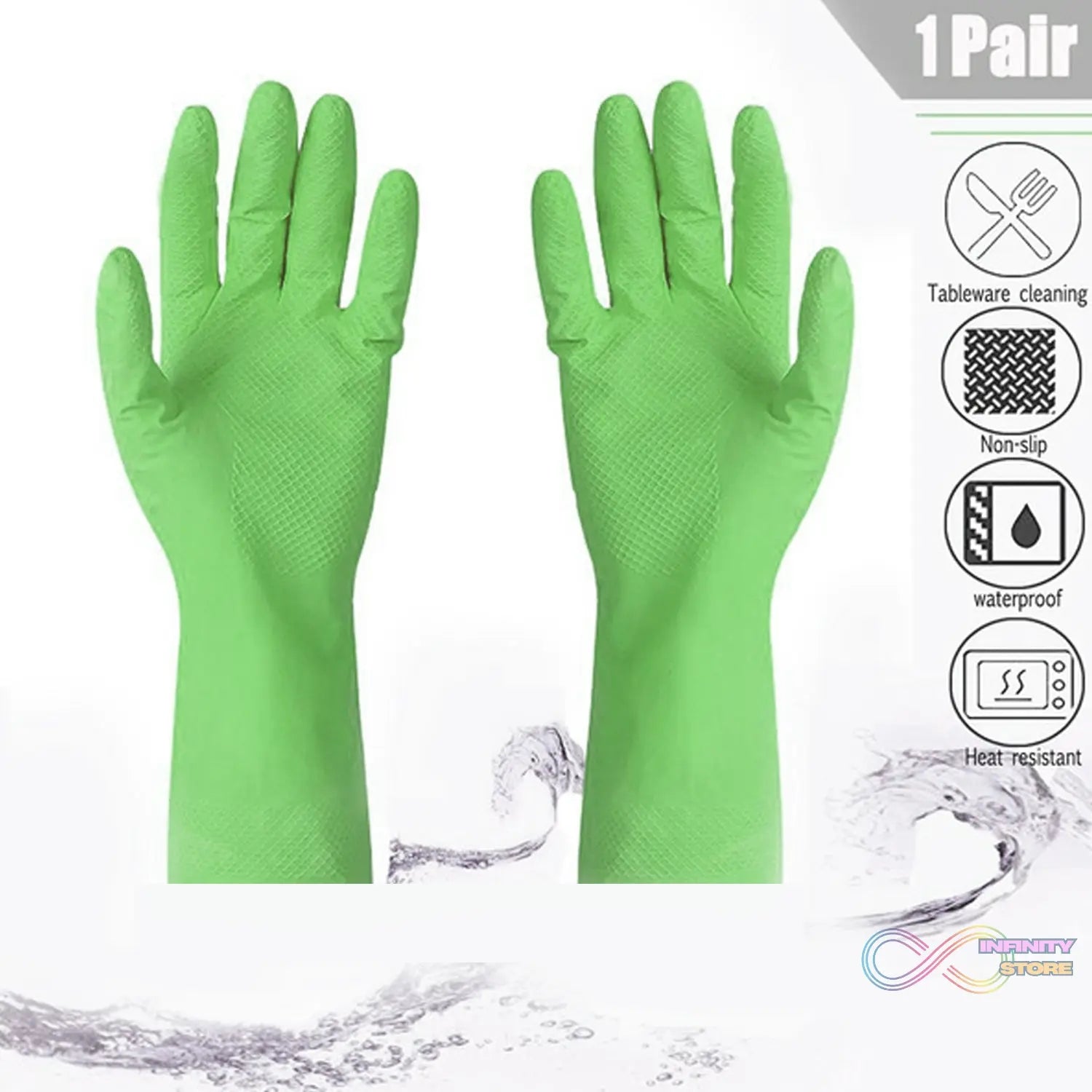 Household cleaning gloves made of rubber, green color.