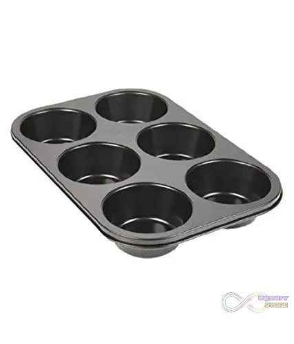Reliable muffin cup tray with non-stick surface, 6 slots.