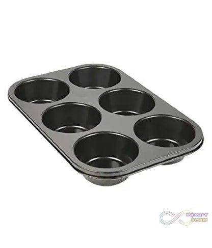 Reliable muffin cup tray with non-stick surface, 6 slots.