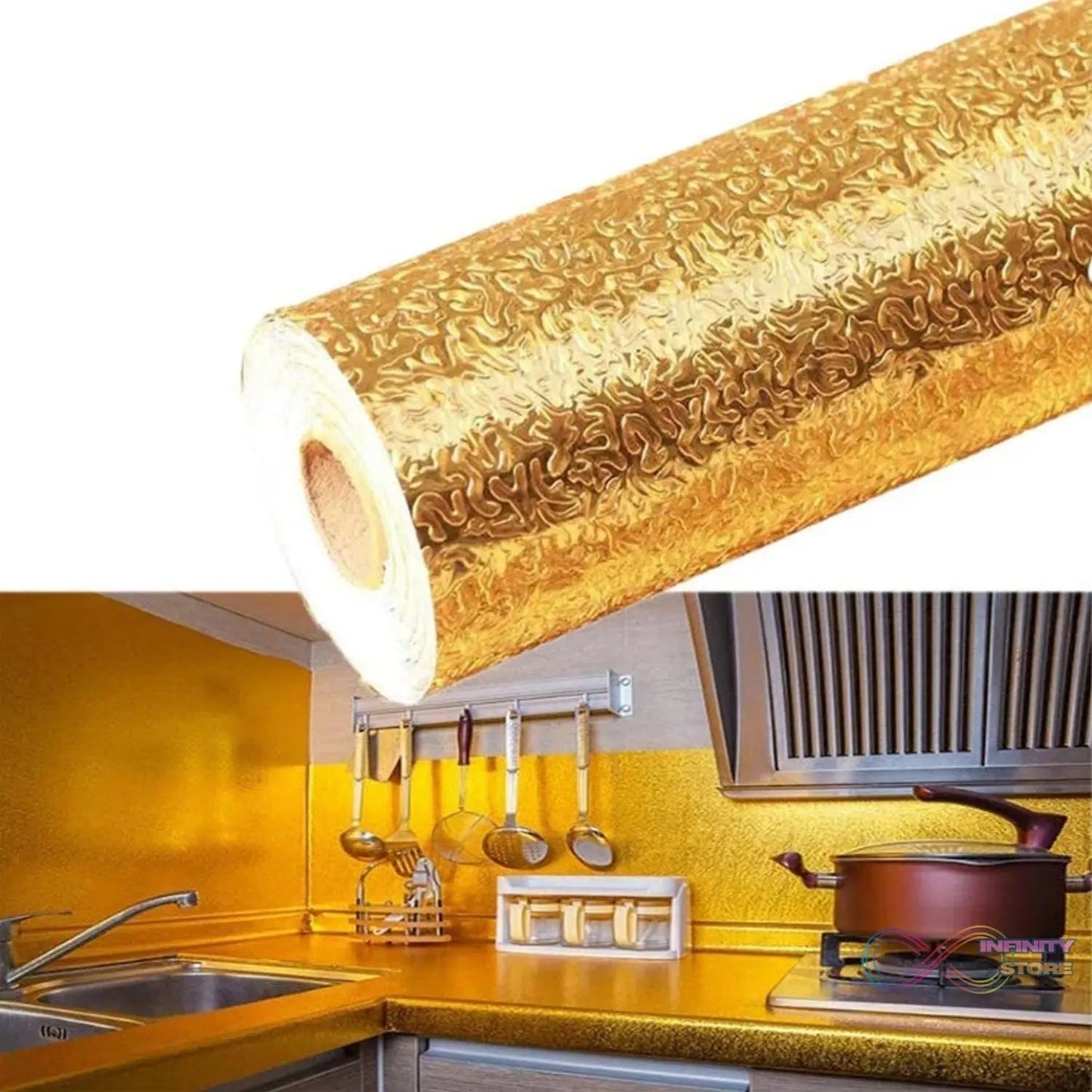 Oil Proof Sticker, Waterproof Self Adhesive Aluminum Foil Wallpaper (60 cm×2m / Golden / 1 Pc) - infinityexculsivestore.com