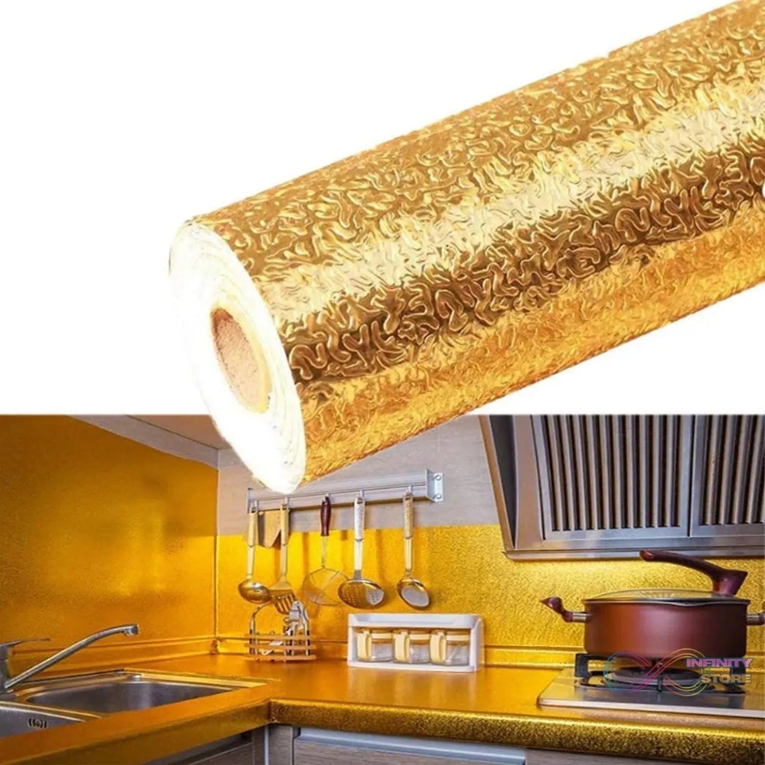 Oil Proof Sticker, Waterproof Self Adhesive Aluminum Foil Wallpaper (60 cm×2m / Golden / 1 Pc) - infinityexculsivestore.com