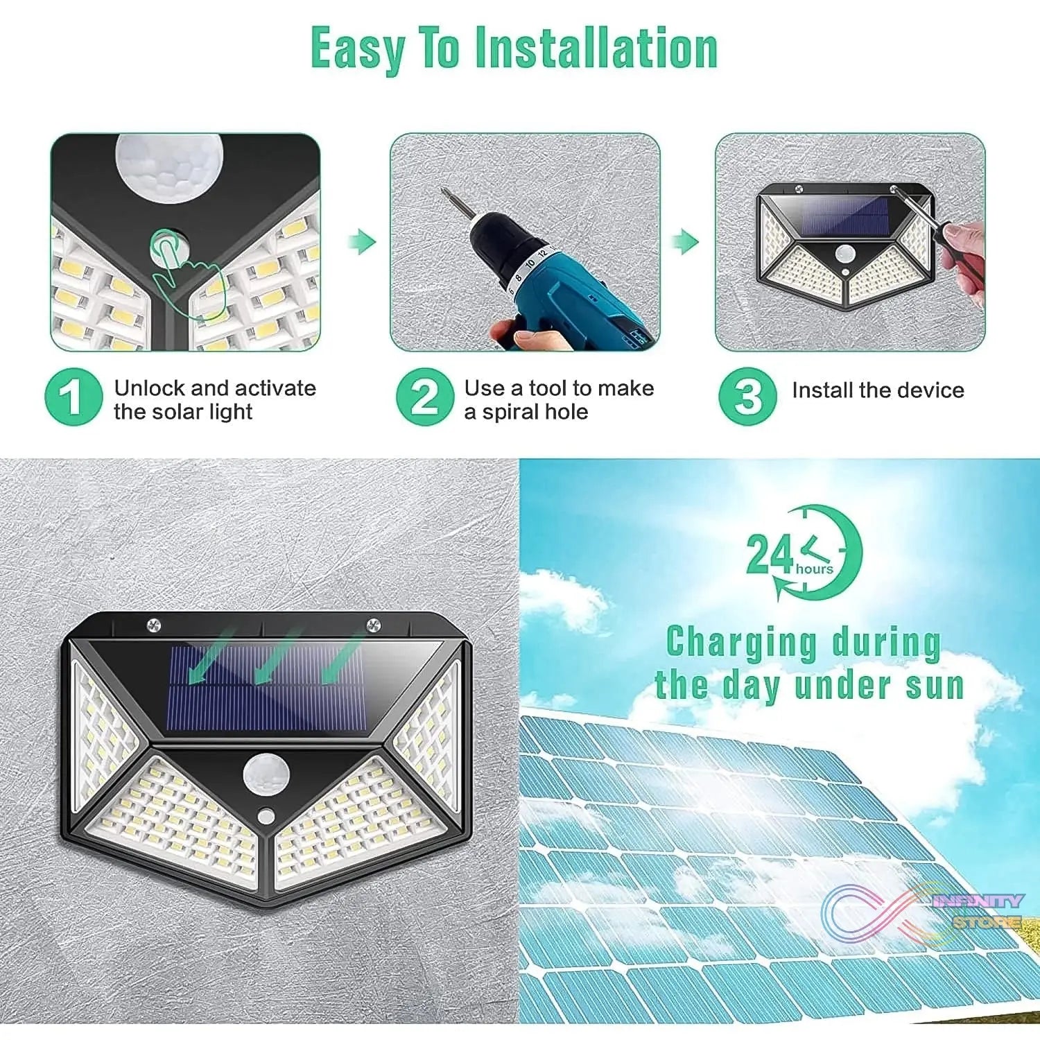 Outdoor Solar Lamp 100 LED Solar Light PIR Motion Sensor Wall Light ( 1 Pc) - infinityexculsivestore.com