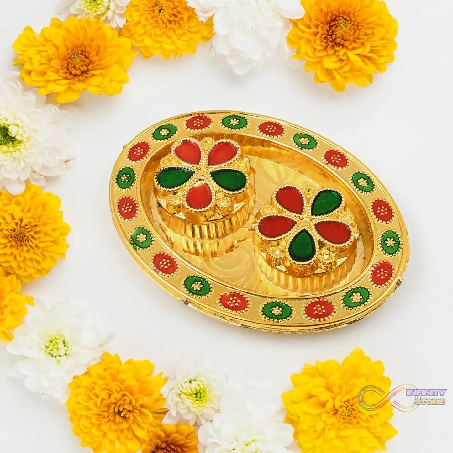 Oval Shape Special Puja Thali (1 Pc / Mix Design) - infinityexculsivestore.com