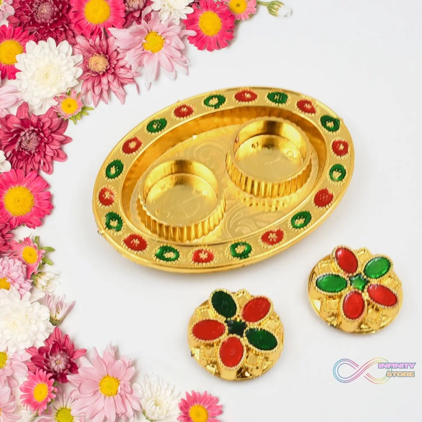 Oval Shape Special Puja Thali (1 Pc / Mix Design) - infinityexculsivestore.com