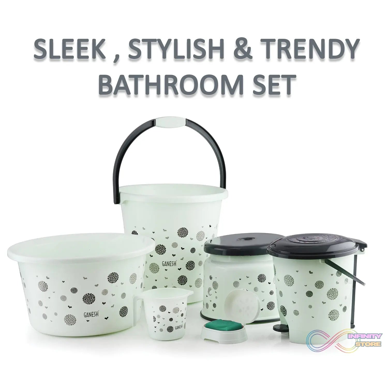 Plastic bathroom accessories including mug and soap case