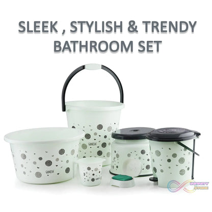 Plastic bathroom accessories including mug and soap case