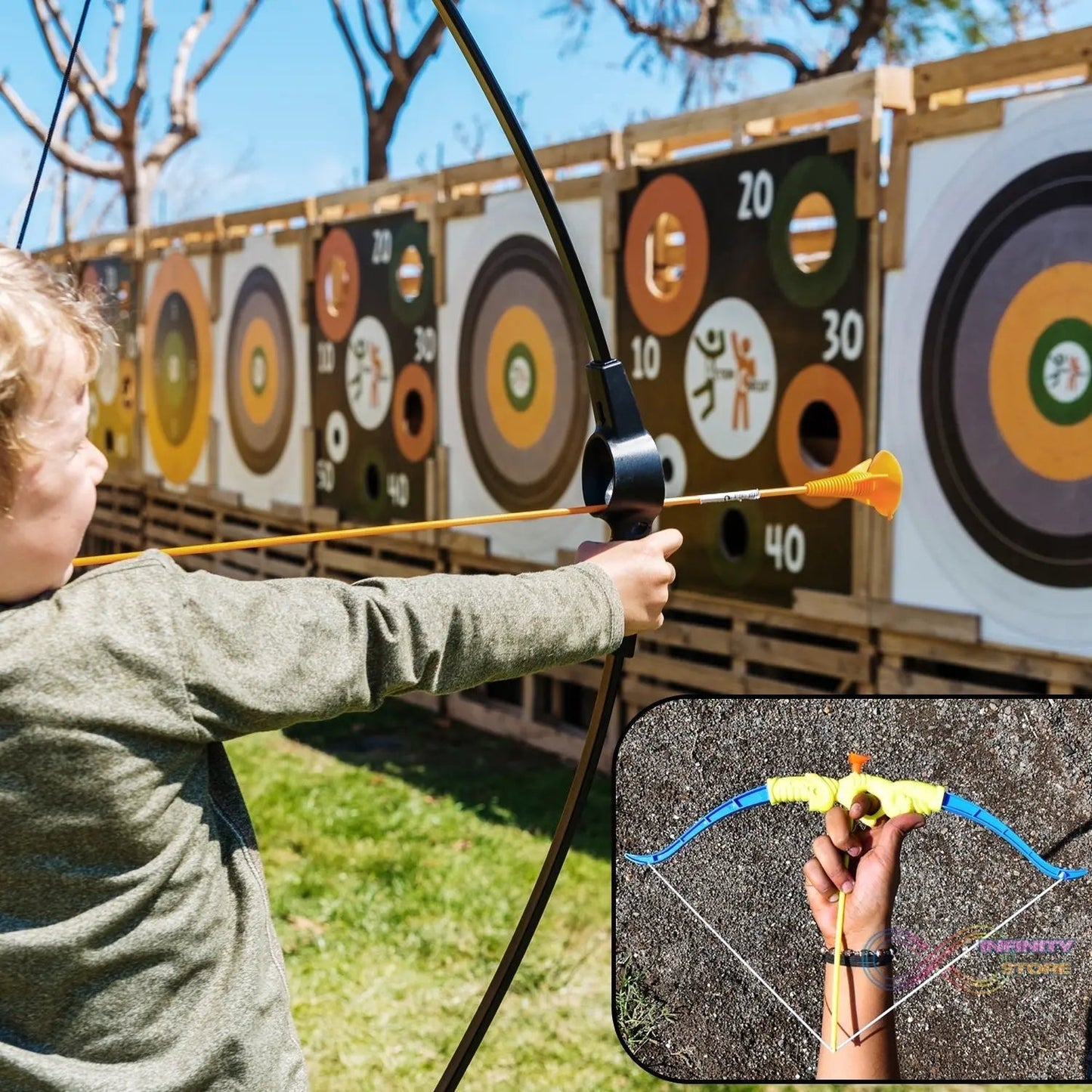 Plastic Archery Bow and Arrow Toy Set with single knife and 3pc Arrow and Target Board, - infinityexculsivestore.com