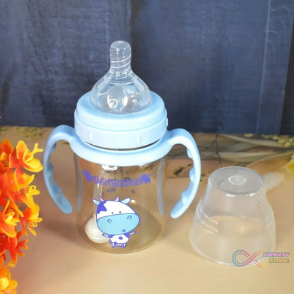 Plastic Baby Feeding Bottle with Handles, Cleaning brush & Straw (180 ML / 1 Pc) - infinityexculsivestore.com