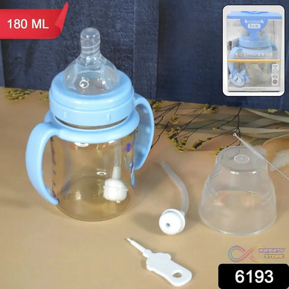 Plastic Baby Feeding Bottle with Handles, Cleaning brush & Straw (180 ML / 1 Pc) - infinityexculsivestore.com