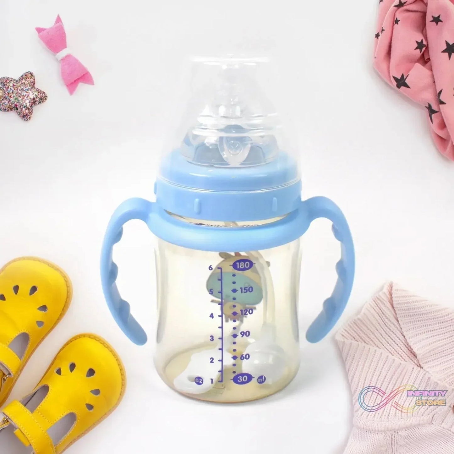 Plastic Baby Feeding Bottle with Handles, Cleaning brush & Straw (180 ML / 1 Pc) - infinityexculsivestore.com