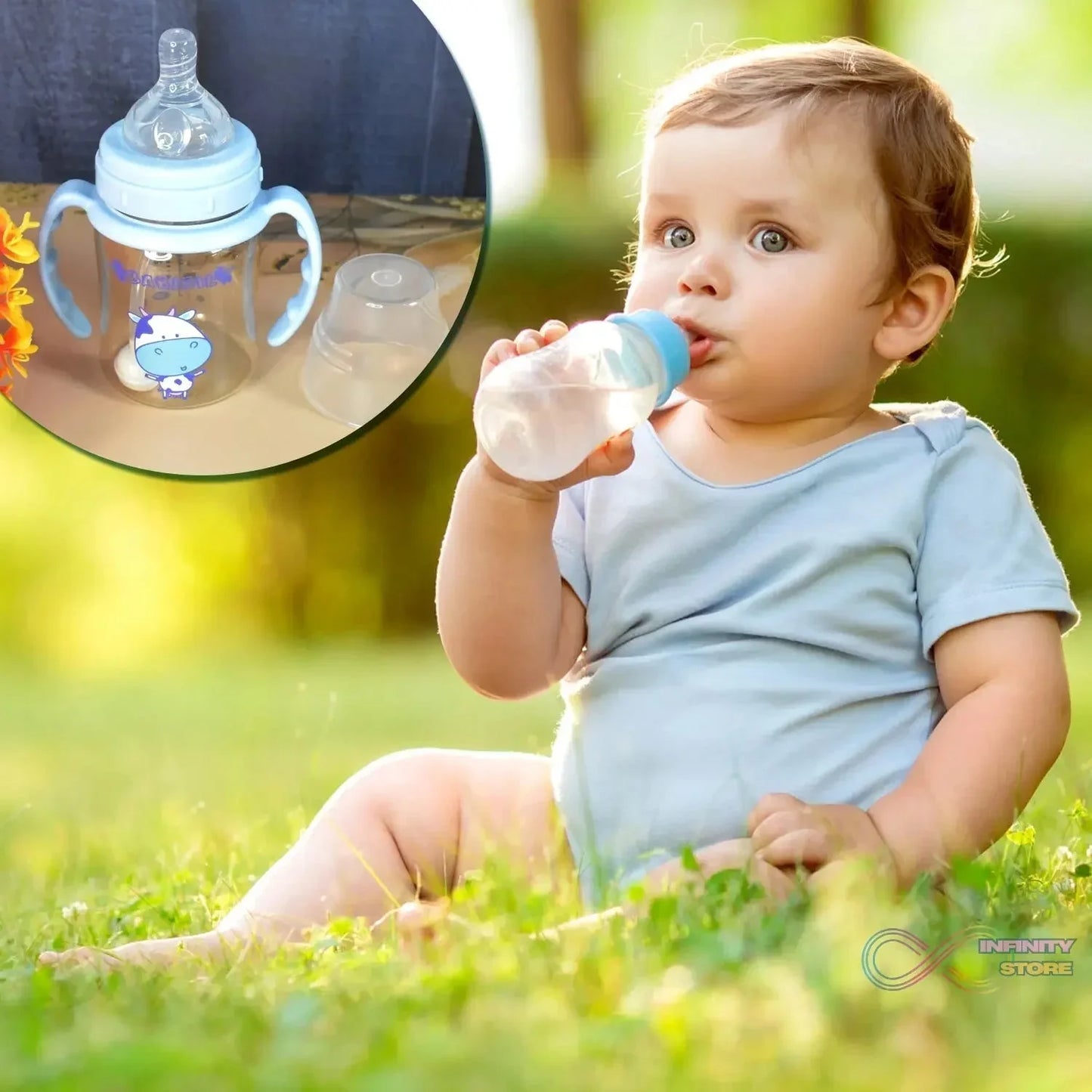 Plastic Baby Feeding Bottle with Handles, Cleaning brush & Straw (180 ML / 1 Pc) - infinityexculsivestore.com