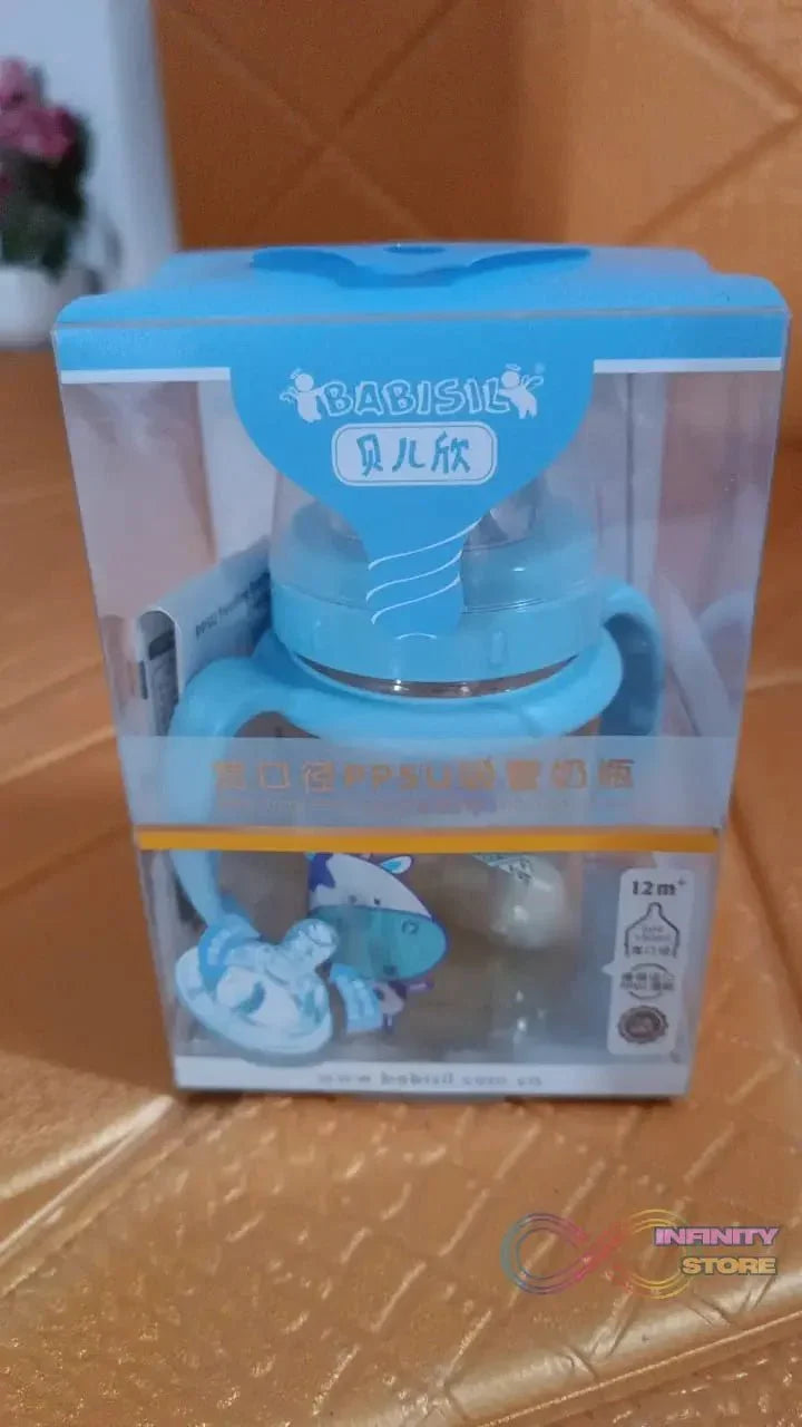 Plastic Baby Feeding Bottle with Handles, Cleaning brush & Straw (180 ML / 1 Pc) - infinityexculsivestore.com