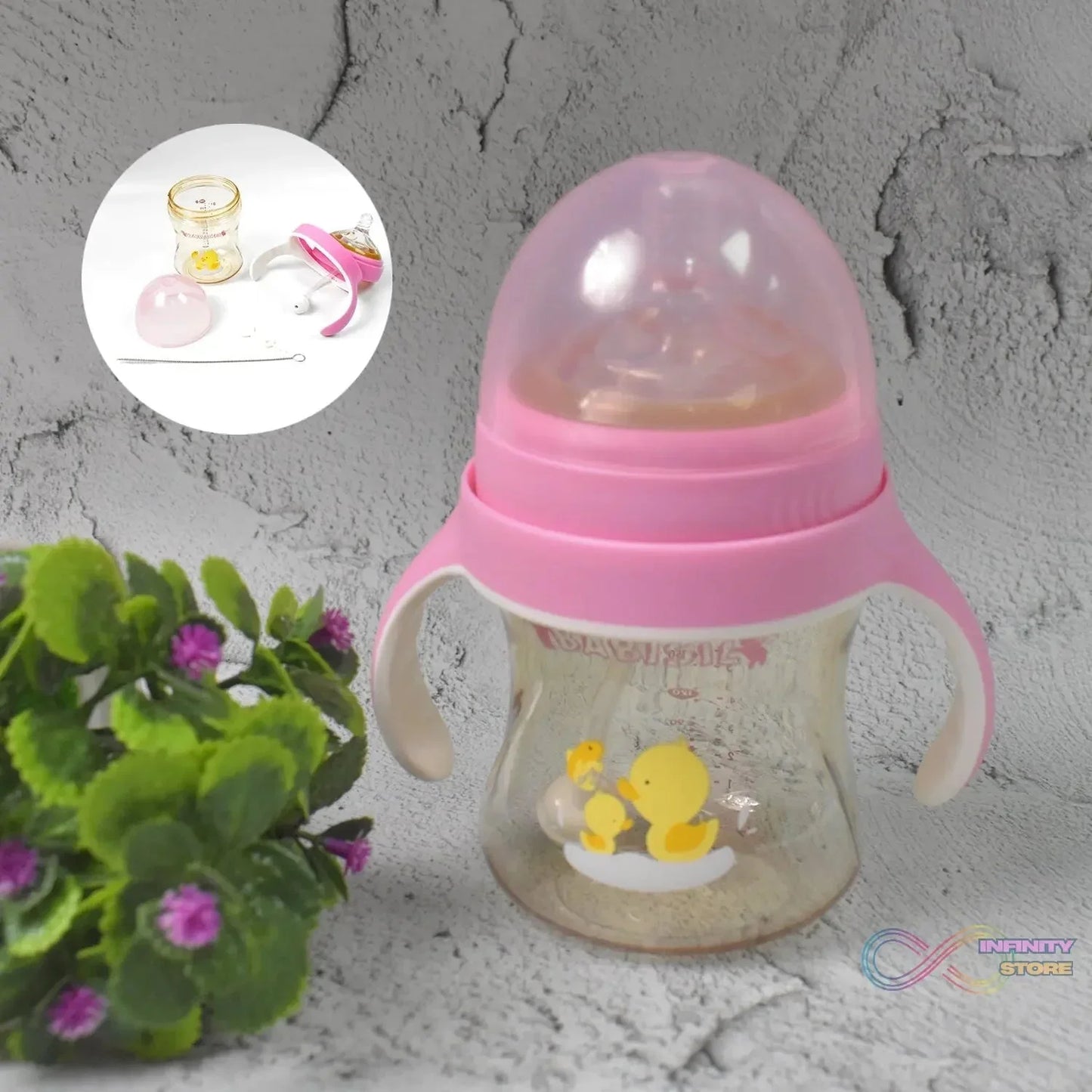 Plastic Baby Feeding Bottle with Handles, Cleaning brush & Straw (240 ML / 1 Pc) - infinityexculsivestore.com