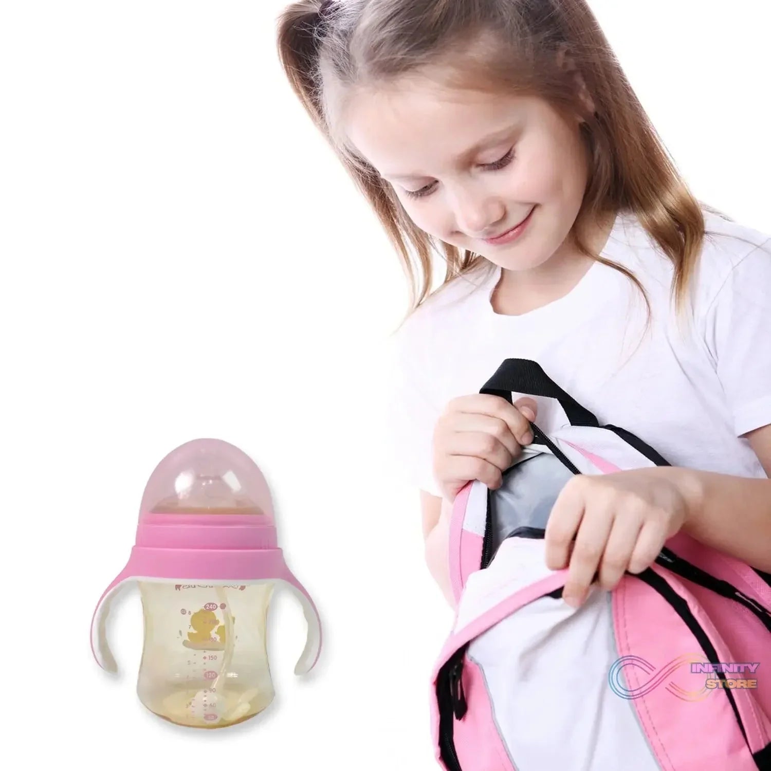 Plastic Baby Feeding Bottle with Handles, Cleaning brush & Straw (240 ML / 1 Pc) - infinityexculsivestore.com