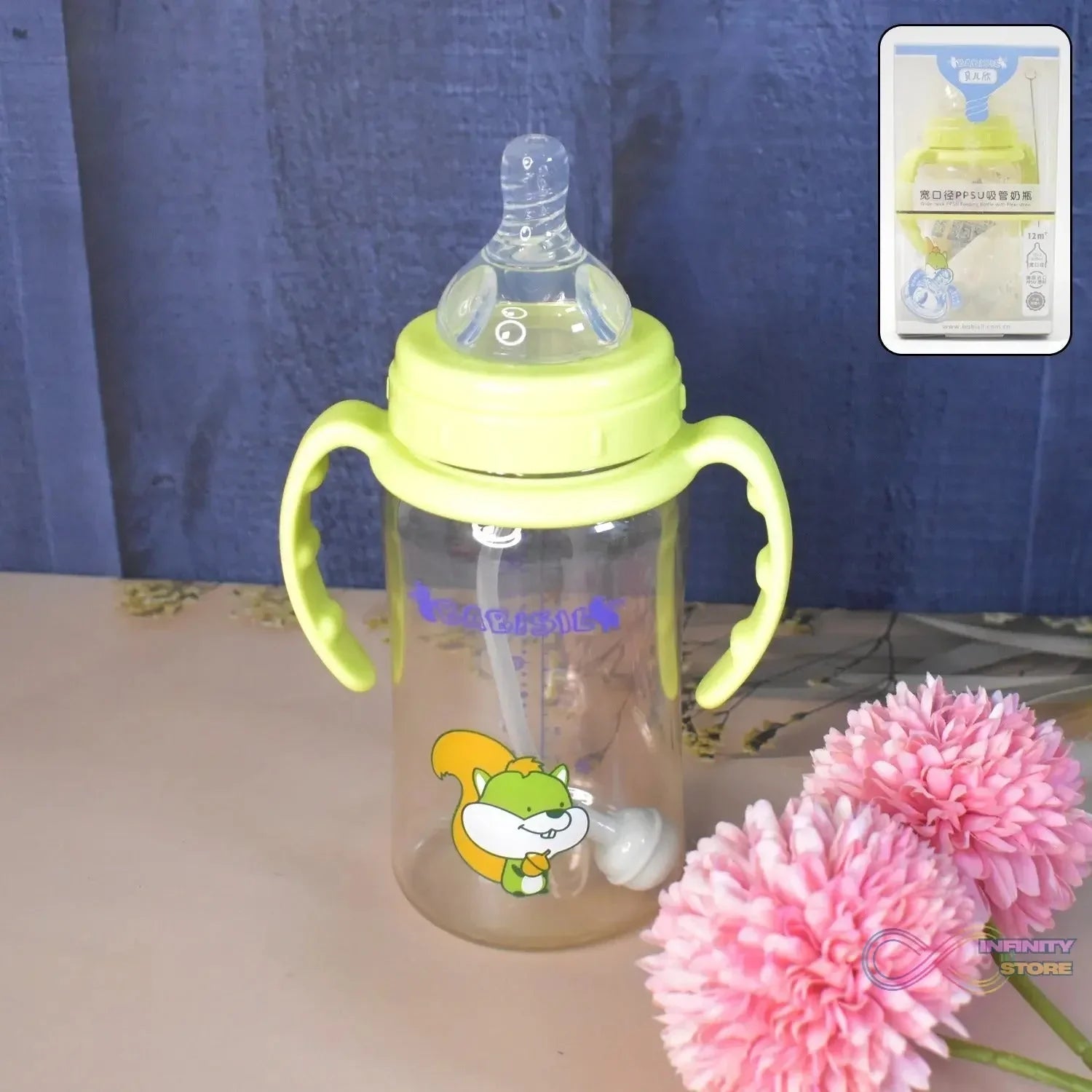 Plastic Baby Feeding Bottle with Handles, Cleaning brush & Straw (300 ML / 1 Pc) - infinityexculsivestore.com