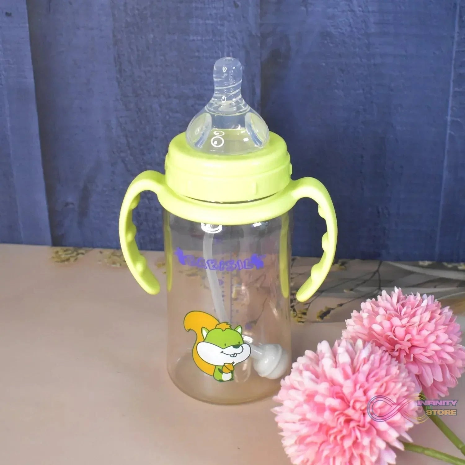 Plastic Baby Feeding Bottle with Handles, Cleaning brush & Straw (300 ML / 1 Pc) - infinityexculsivestore.com