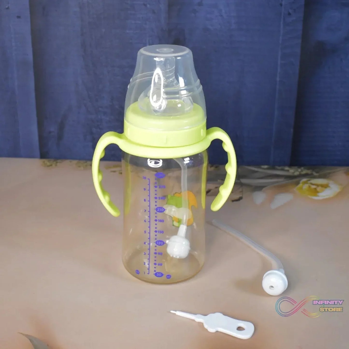 Plastic Baby Feeding Bottle with Handles, Cleaning brush & Straw (300 ML / 1 Pc) - infinityexculsivestore.com