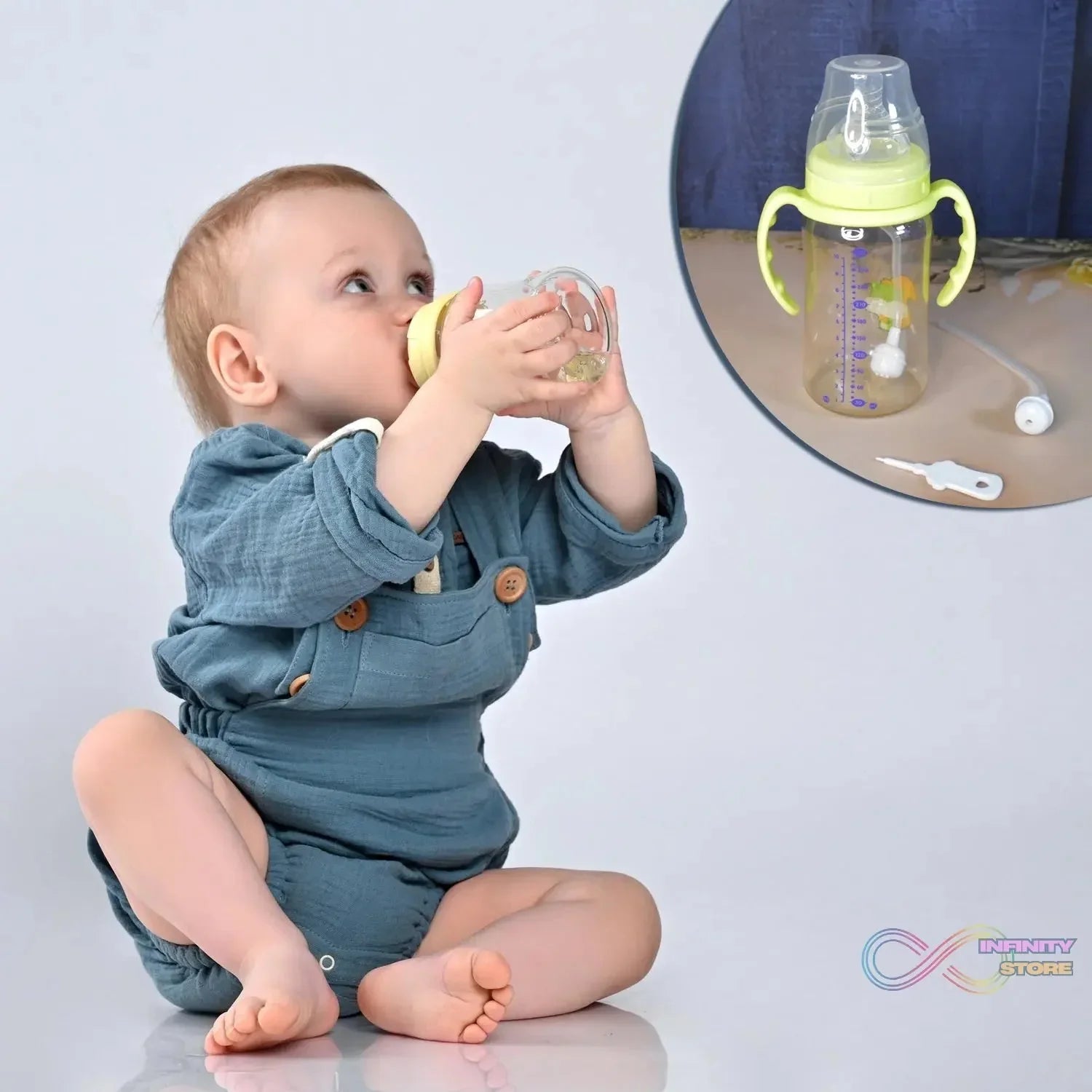 Plastic Baby Feeding Bottle with Handles, Cleaning brush & Straw (300 ML / 1 Pc) - infinityexculsivestore.com