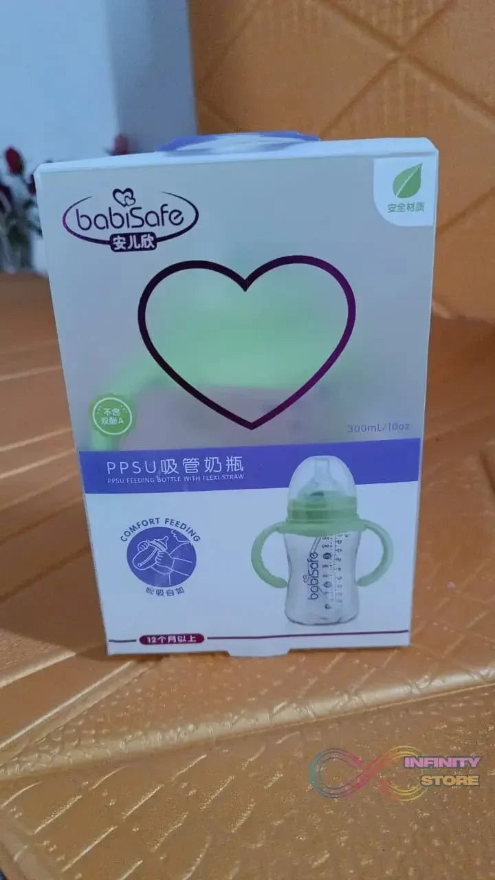 Plastic Baby Feeding Bottle with Handles, Cleaning brush & Straw (300 ML / 1 Pc) - infinityexculsivestore.com