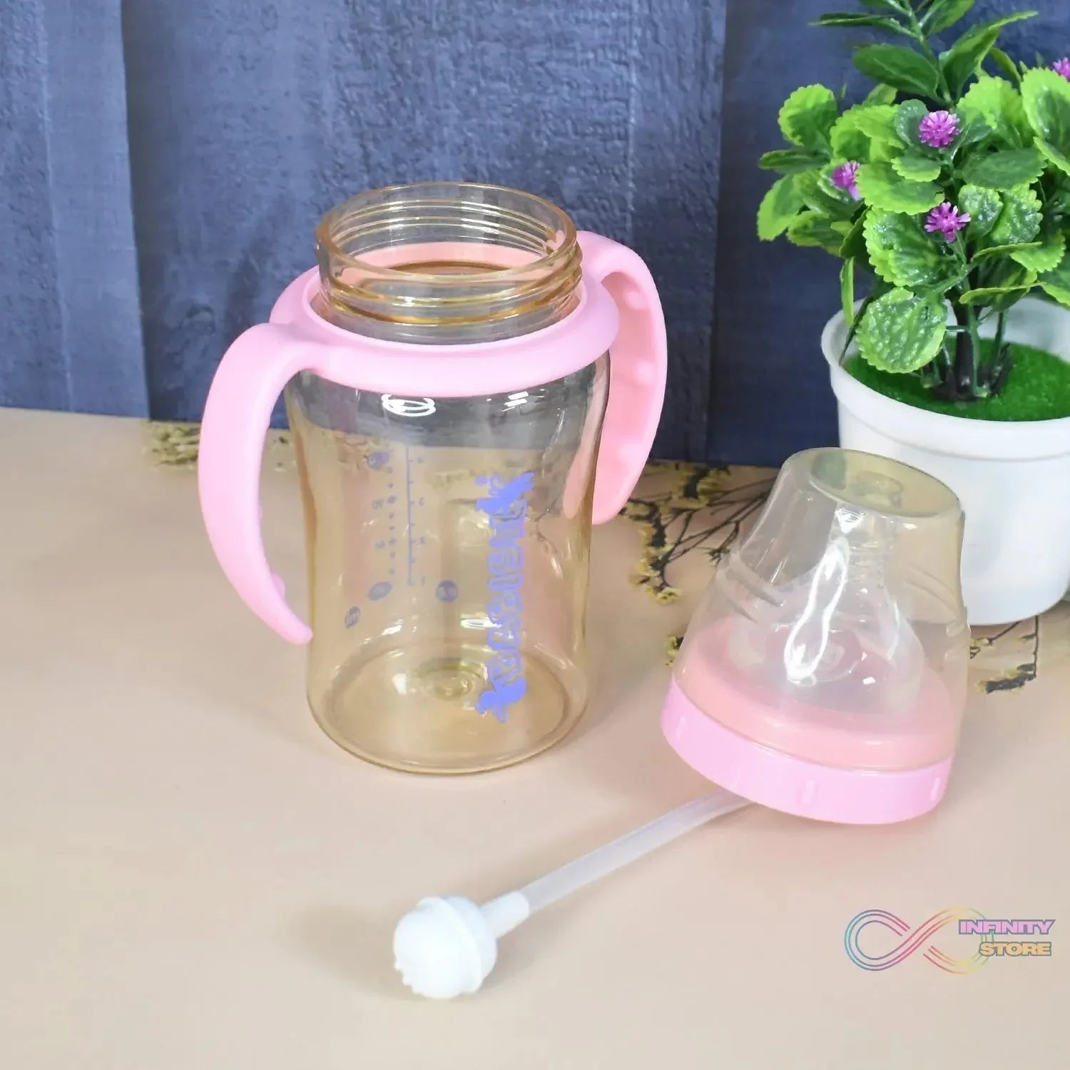 Plastic Baby Feeding Bottle with Handles & Straw (220 ML / 1 Pc) - infinityexculsivestore.com