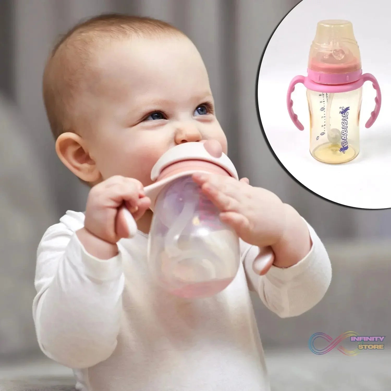Plastic Baby Feeding Bottle with Handles & Straw (220 ML / 1 Pc) - infinityexculsivestore.com