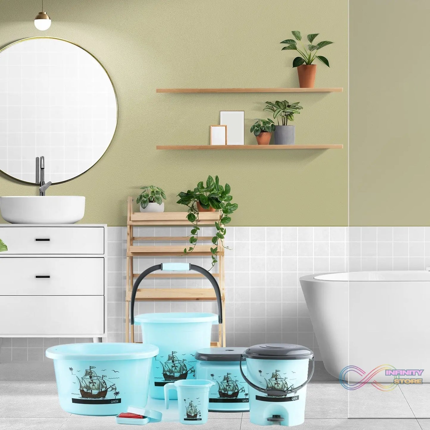 Plastic bathroom accessories set including bucket, dustbin, mug, stool, soap case, and tub, various angles.