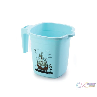 Plastic bathroom set with 6 pieces: bucket, dustbin, mug, stool, soap case, and tub, shown from various perspectives.