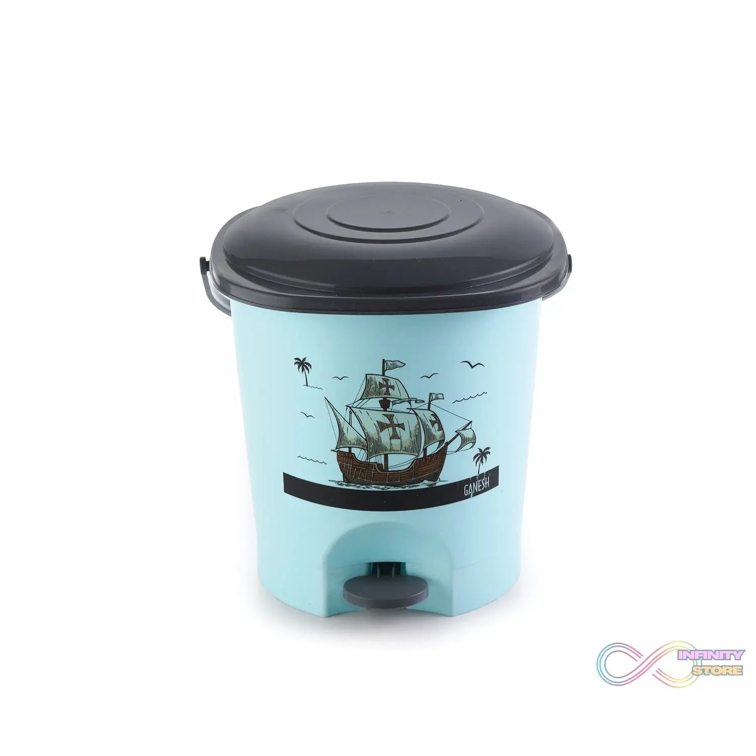 6-piece plastic bath set including bucket, dustbin, mug, stool, soap case, and tub, shown from different angles.