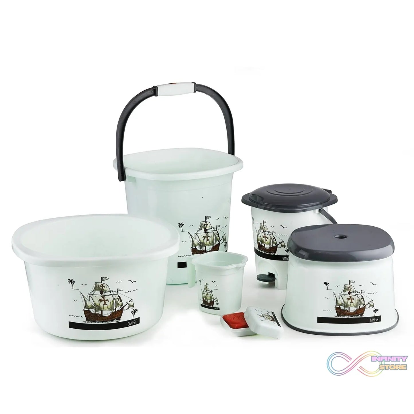 6-piece plastic bathroom set including bucket, dustbin, mug, stool, soap case, and tub, various perspectives.