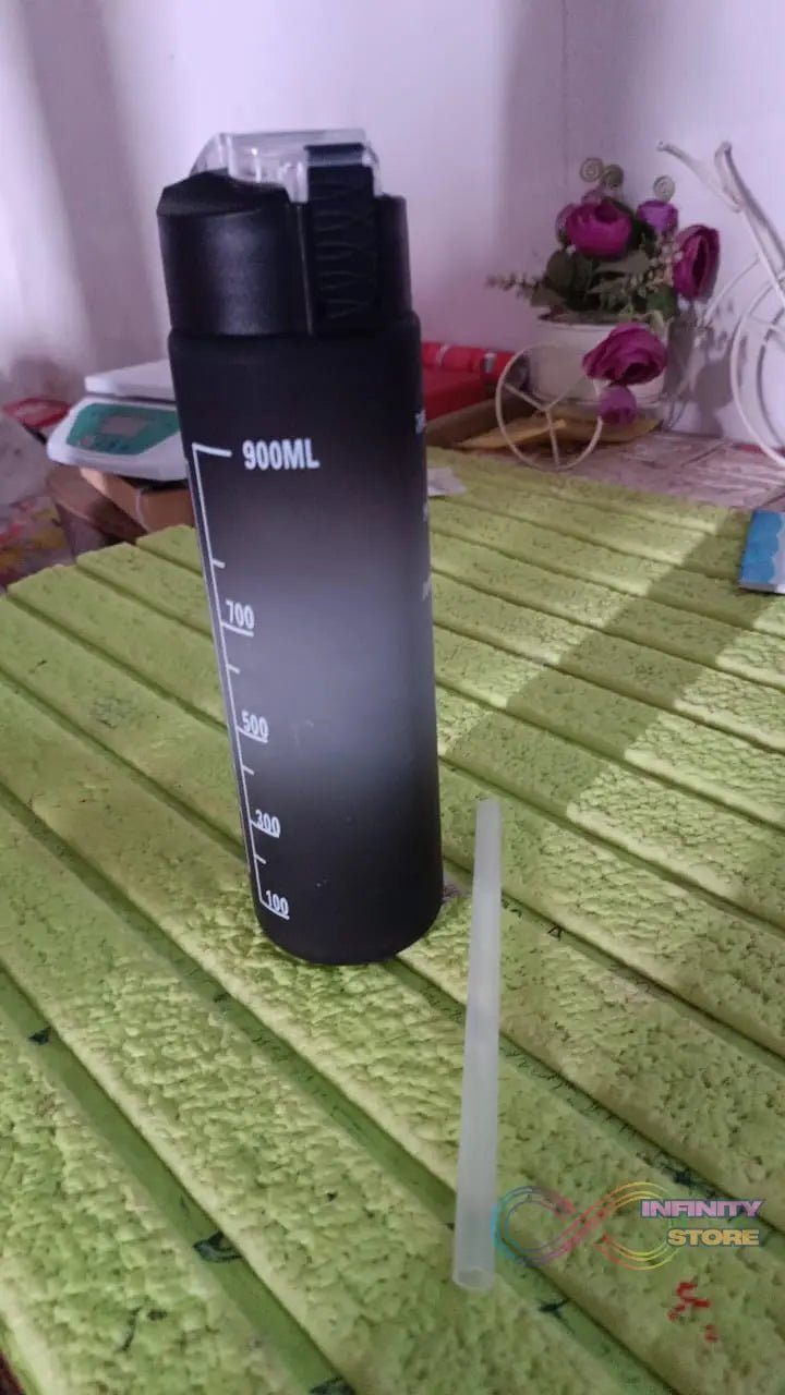 Plastic Black Motivational Water Bottle with Straw (900 ML) - infinityexculsivestore.com