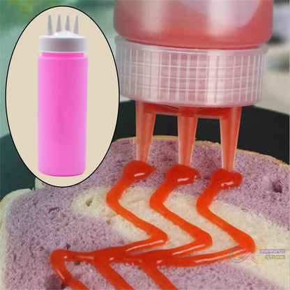 Top-down view of the plastic bottles showing the nozzle designs and their suitability for various sauces