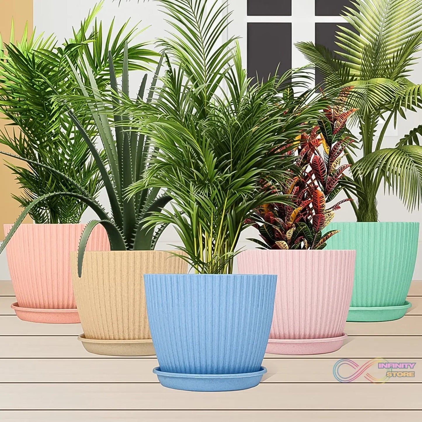 Plastic Flower Pot with Bottom Tray (5 Pcs Set / With Color Box) - infinityexculsivestore.com