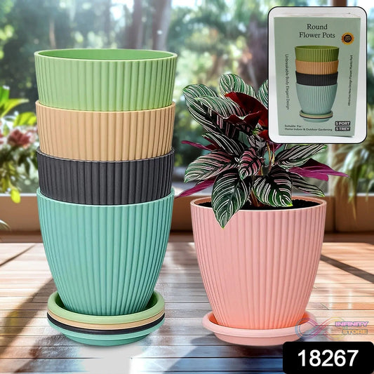 Plastic Flower Pot with Bottom Tray (5 Pcs Set / With Color Box) - infinityexculsivestore.com