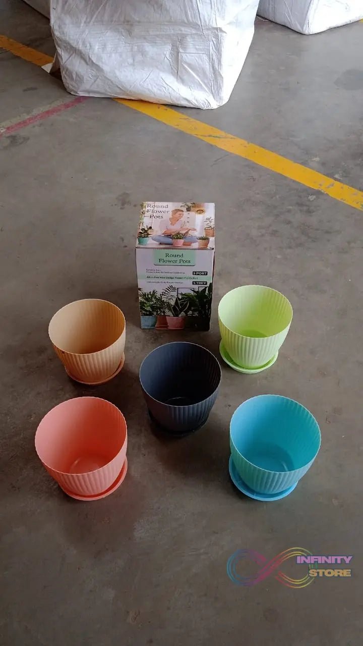 Plastic Flower Pot with Bottom Tray (5 Pcs Set / With Color Box) - infinityexculsivestore.com