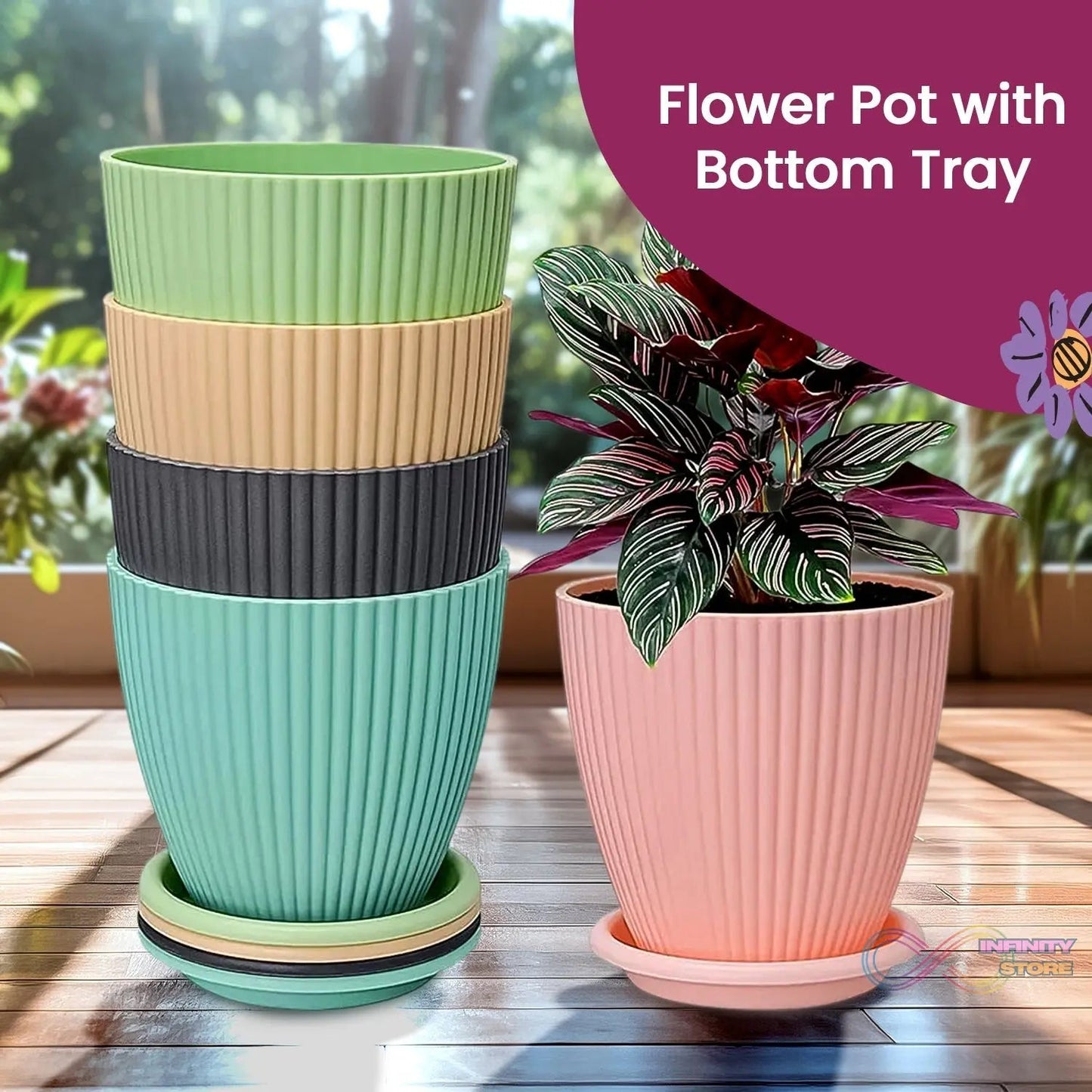 Plastic Flower Pot with Bottom Tray (5 Pcs Set) - infinityexculsivestore.com