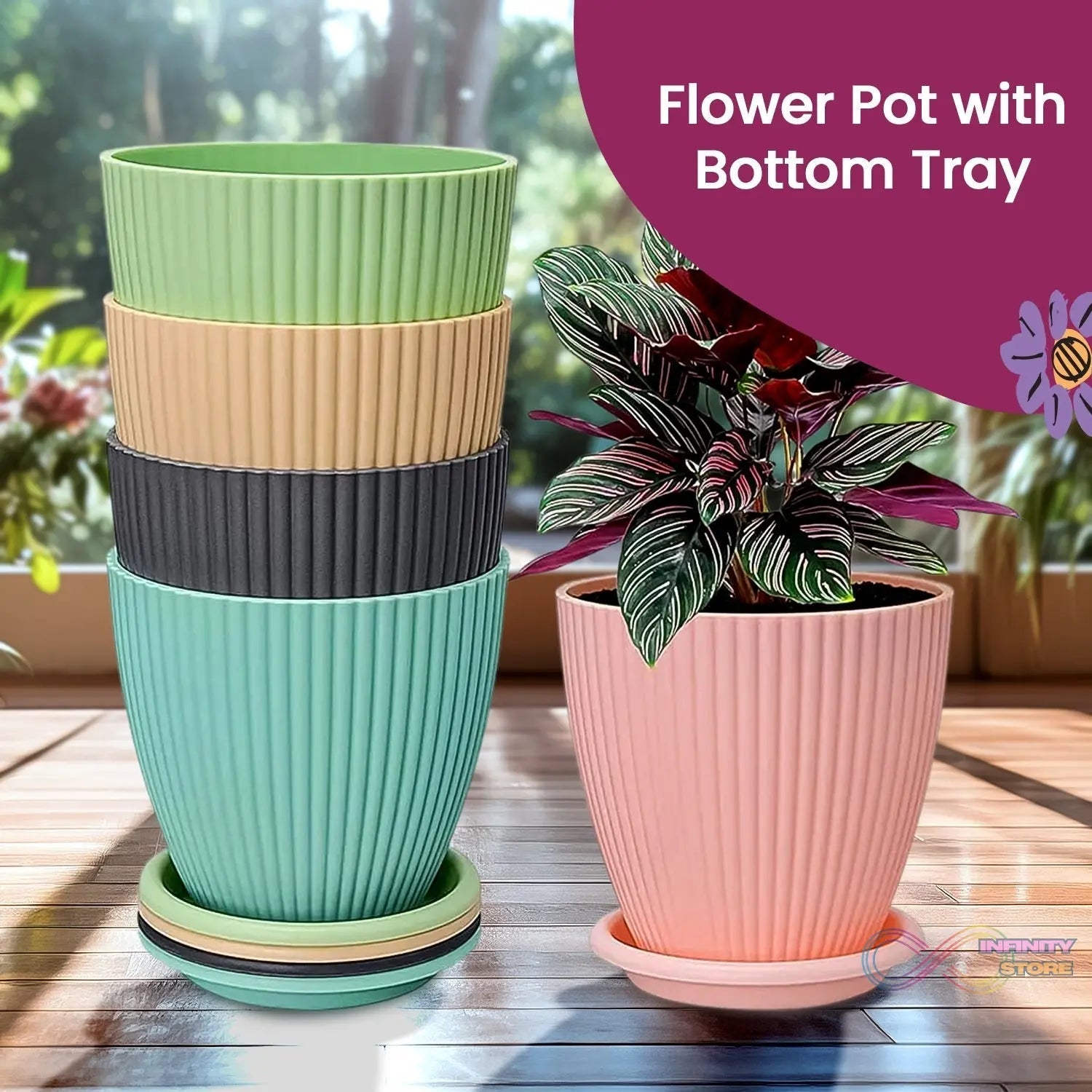 Plastic Flower Pot with Bottom Tray (5 Pcs Set) - infinityexculsivestore.com