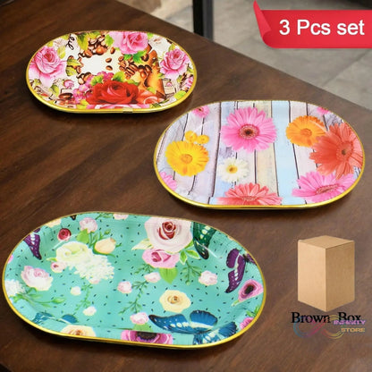 Plastic Flower Printed Design Serving Tray (3 Pcs Set / Mix Color) - infinityexculsivestore.com