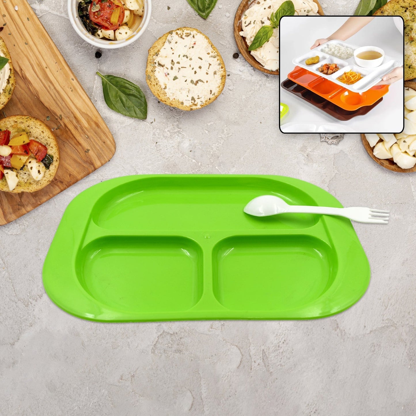 Plastic Food Plates / Biodegradable 3 Compartment Square Plate With Spoon for Food Snacks / Nuts / Desserts Plates for Kids, Reusable Plates for Outdoor, Camping, BPA - free (1 Pc) - infinityexculsivestore.com