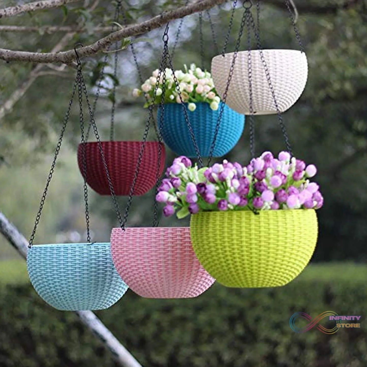 Plastic hanging flower pot with chain.