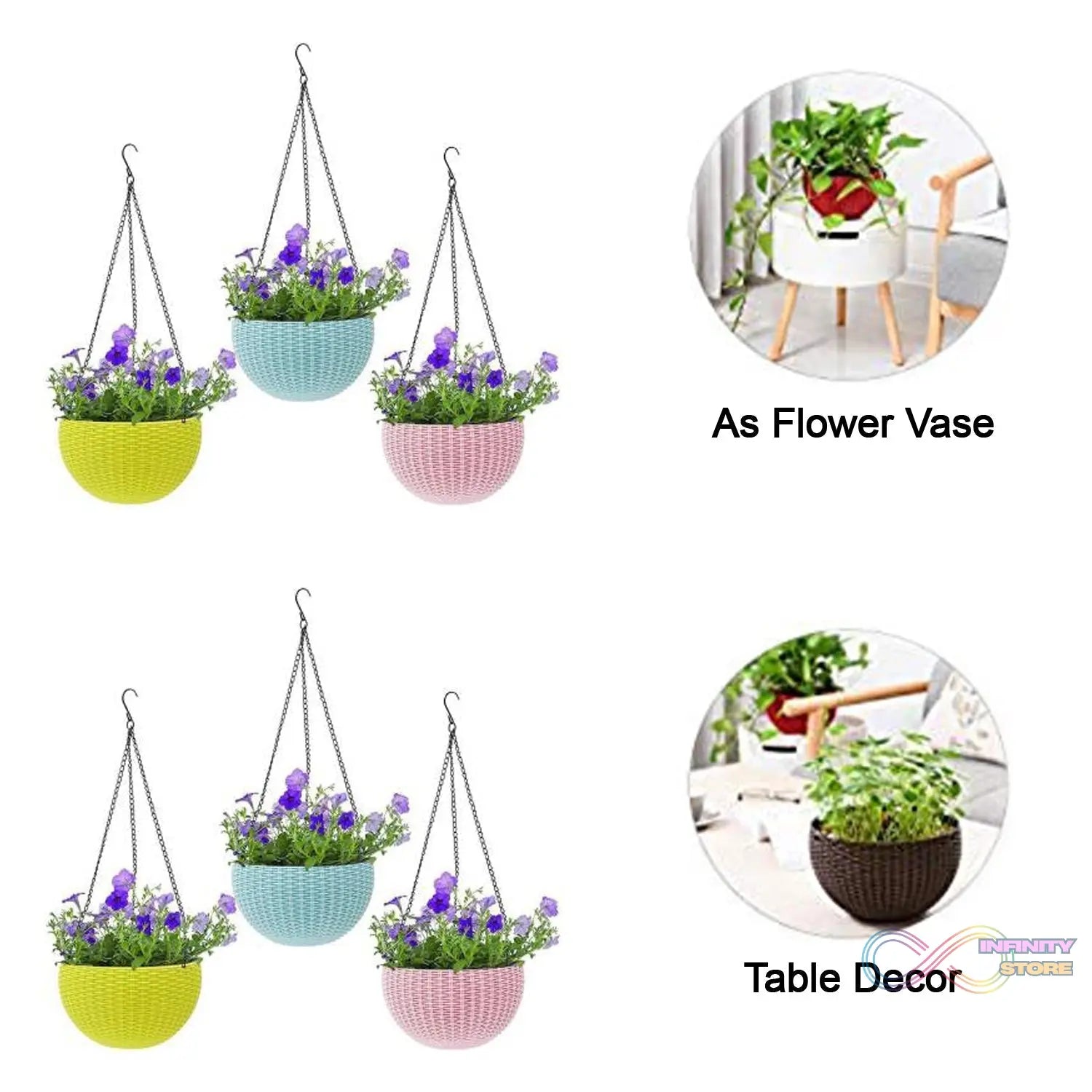 Decorative hanging flower pots with chains.