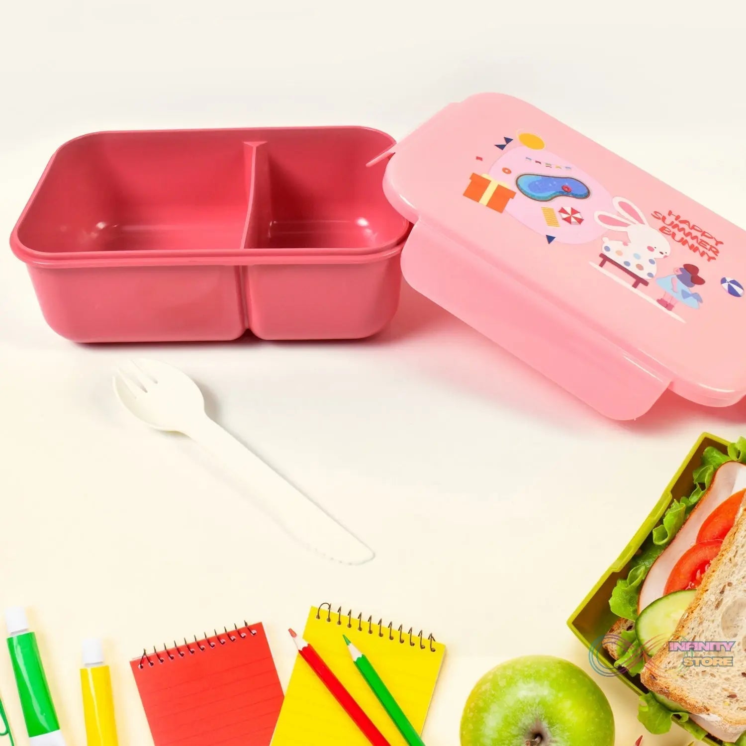 Plastic Lunch Box Leak Proof 2 Compartment with Bottle and Fork (1 Set / Mix Color) - infinityexculsivestore.com