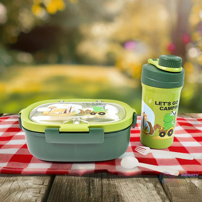 Plastic Lunch Box Leak Proof 3 Compartment with Bottle, Spoon and Fork (1 Set) - infinityexculsivestore.com