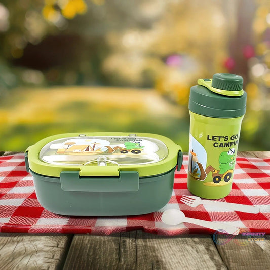 Plastic Lunch Box Leak Proof 3 Compartment with Bottle, Spoon and Fork (1 Set) - infinityexculsivestore.com