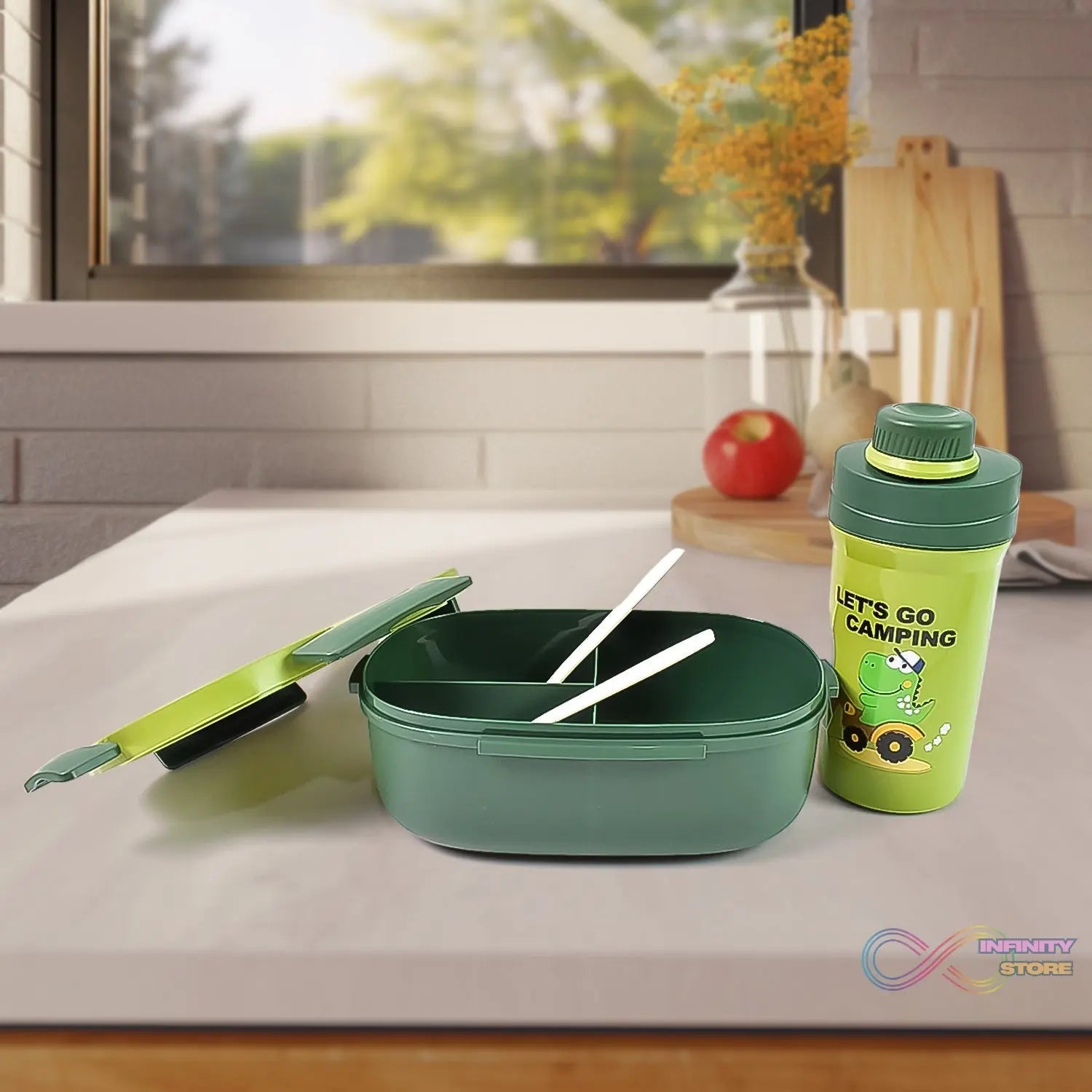 Plastic Lunch Box Leak Proof 3 Compartment with Bottle, Spoon and Fork (1 Set) - infinityexculsivestore.com
