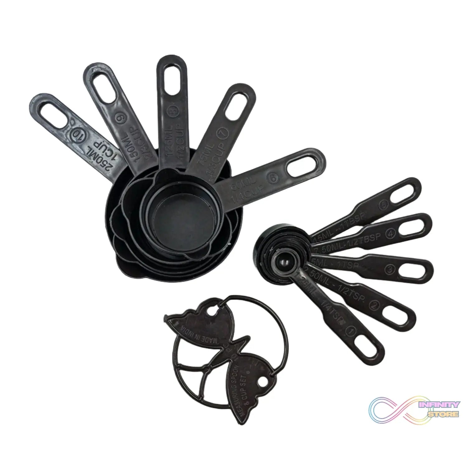 Black plastic measuring cups and spoons set with an 11-piece collection, including a butterfly-shaped holder