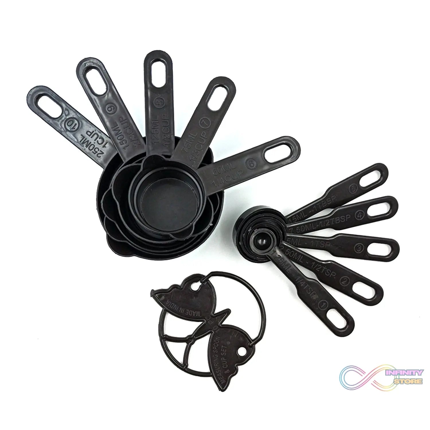 Set of black plastic measuring cups and spoons, featuring a butterfly-shaped holder for organization