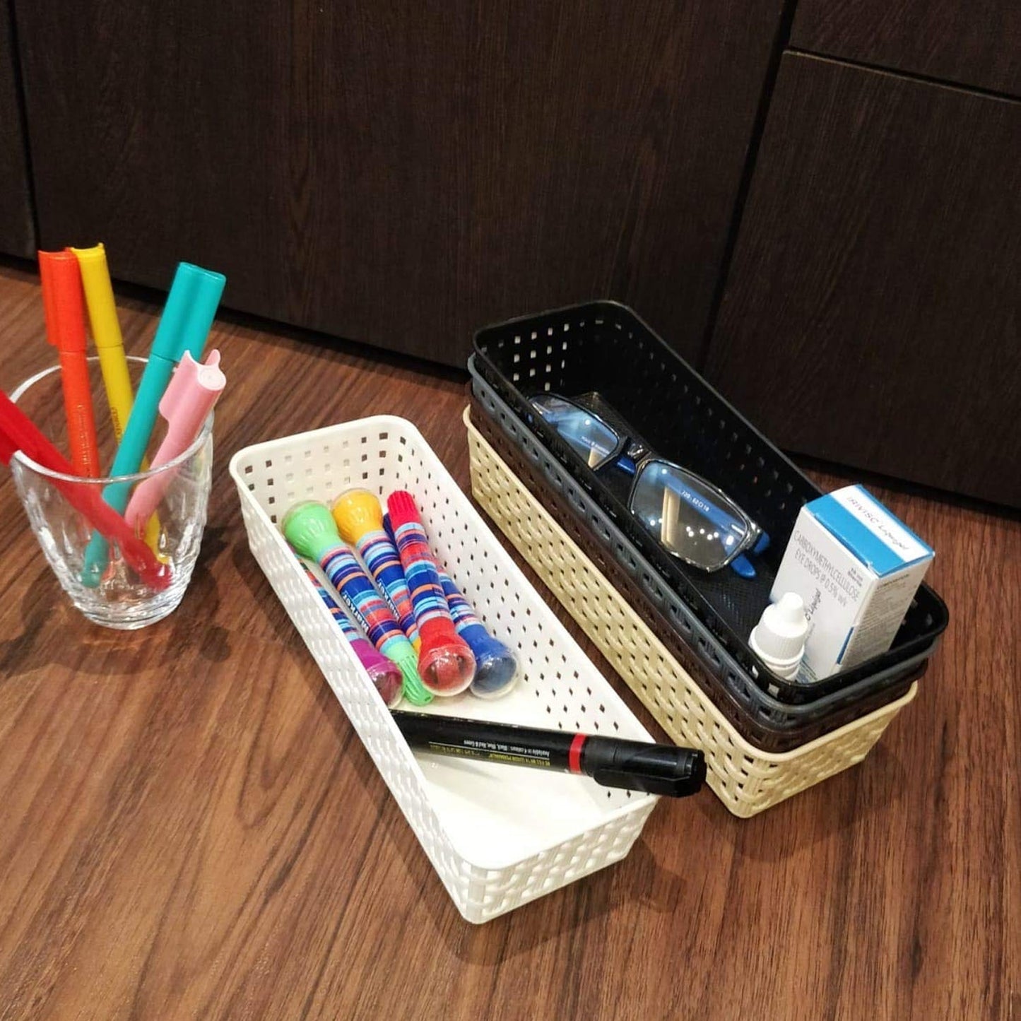 Plastic Multipurpose Desk Organizer Tray Office Drawer Dividers Storage Bins for Kitchen, Bathroom, Office, Makeup, Bedroom Dresser, Craft Basket Rack Multicolour (6 Pcs Set) - infinityexculsivestore.com